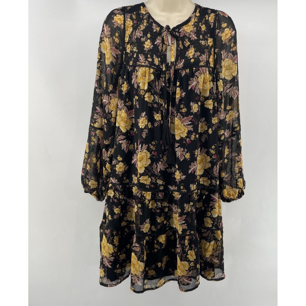 Laurel Grey Dress M Black Floral Dark Romantic Whimsigoth Chiffon Smocked Knee‎